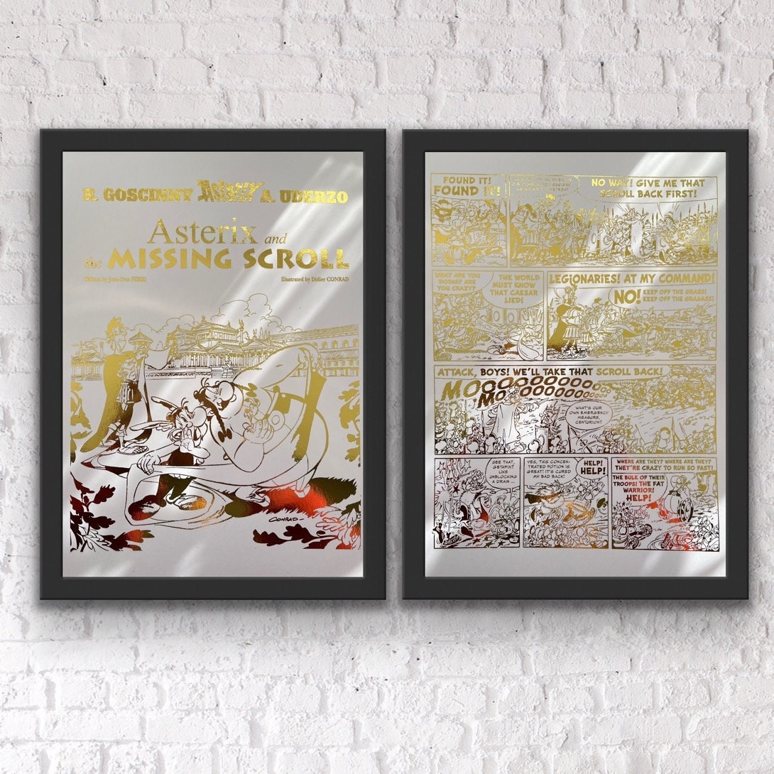Set of 2 Asterix comic prints featuring gold foil accents, showcasing Asterix and Obelix in whimsical adventures.